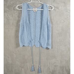 Women's Hippie Rose Light Blue Knit Open Vest Tie Front Tassels Size Small Boho